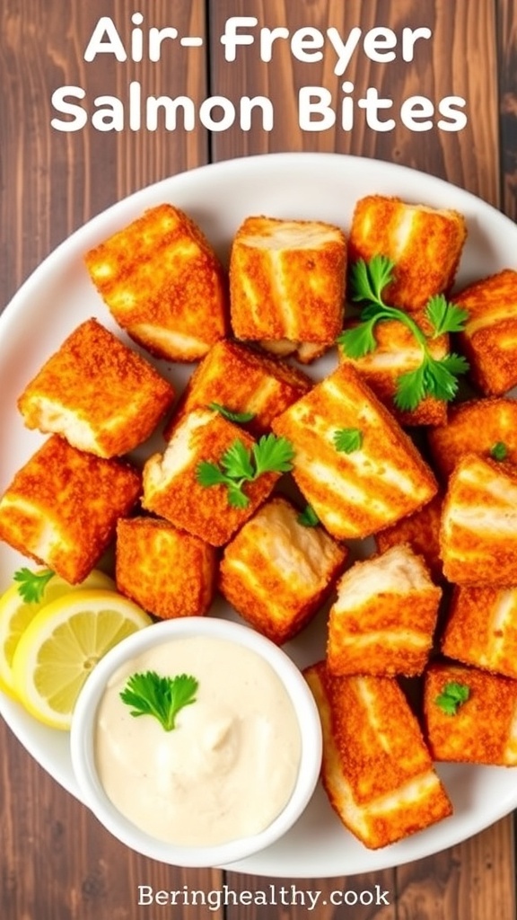 Crispy air fryer salmon bites garnished with parsley, served with dipping sauce and lemon wedges on a wooden table.